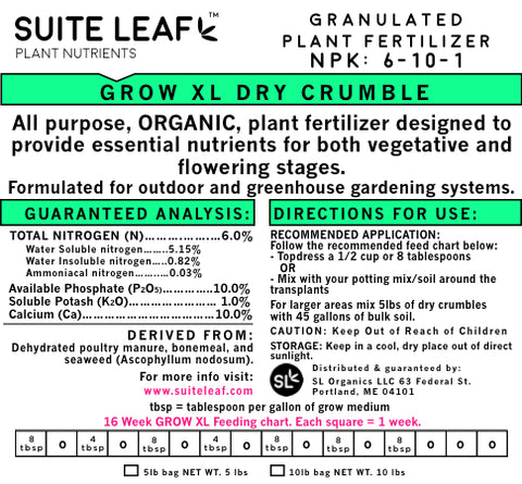 plant fertilizer numbers GROW XL Organic Dry Fertilizer NPK 6-10-1 – Suite Leaf Plant Nutrients